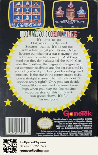 Hollywood Squares Nintendo Entertainment System, NTSC box back