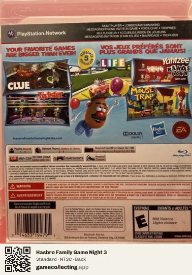 Hasbro Family Game Night 3 PlayStation 3, NTSC box back