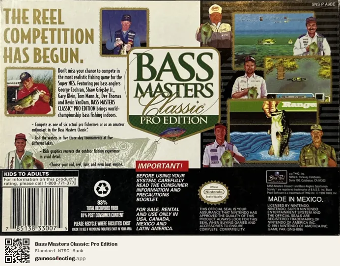 Bass Masters Classic: Pro Edition Super Nintendo Entertainment System, NTSC box back