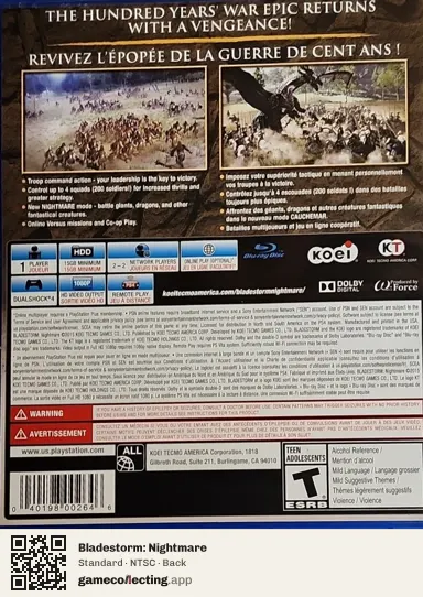 Bladestorm: Nightmare PlayStation 4, NTSC box back