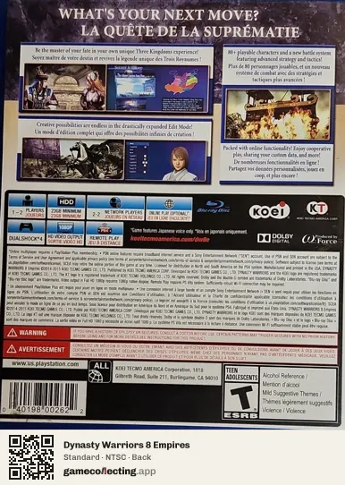 Dynasty Warriors 8 Empires PlayStation 4, NTSC box back