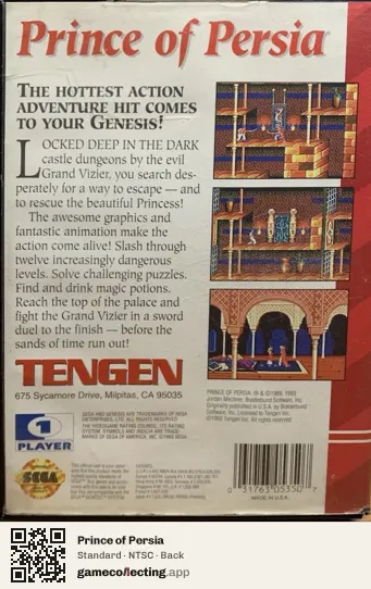 Prince of Persia Sega Mega Drive / Genesis, NTSC box back