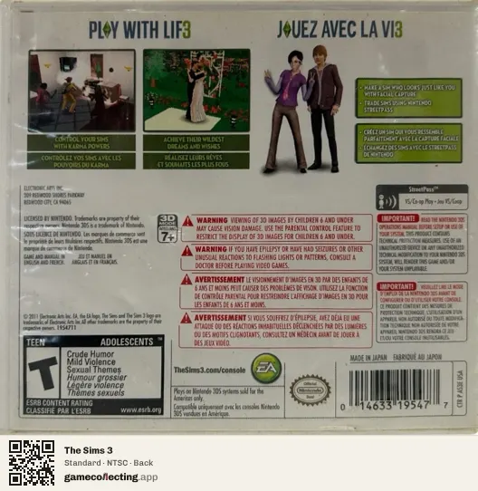 The Sims 3 Nintendo 3DS, NTSC box back
