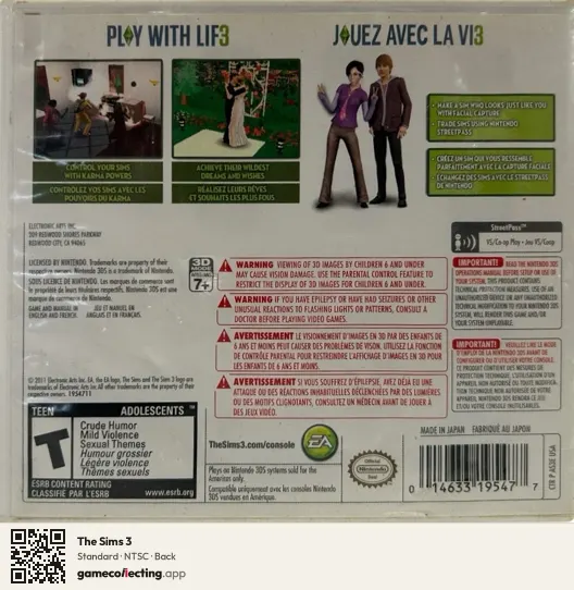 The Sims 3 Nintendo 3DS, NTSC box back