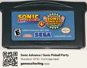 Sonic Advance / Sonic Pinball Party Game Boy Advance, NTSC cartridge label
