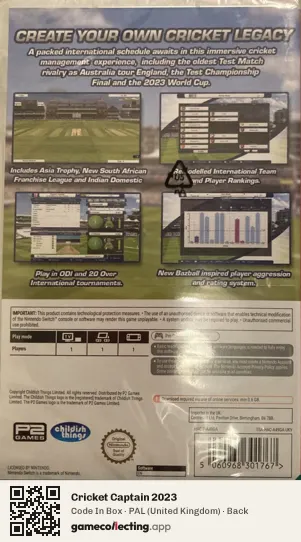 Cricket Captain 2023 Nintendo Switch, United Kingdom box back