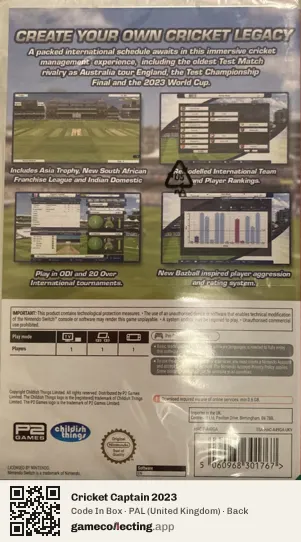 Cricket Captain 2023 Nintendo Switch, United Kingdom box back