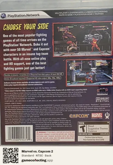Marvel vs. Capcom 2 PlayStation 3, NTSC box back