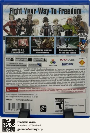 Freedom Wars PlayStation Vita, NTSC box back
