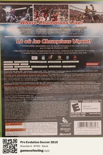 Pro Evolution Soccer 2010 Xbox 360, NTSC box back