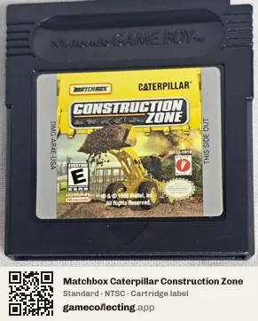 Matchbox Caterpillar Construction Zone Game Boy Color, NTSC cartridge label