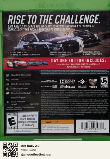 Dirt Rally 2.0 Xbox One, NTSC box back