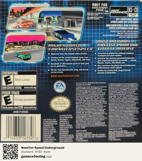 Need for Speed Underground Game Boy Advance, NTSC box back