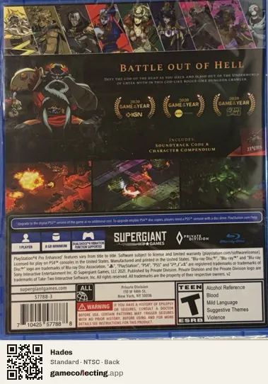 Hades PlayStation 4, NTSC box back