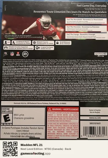 Madden NFL 21 PlayStation 5, Canada box back