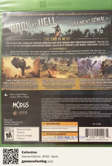 Extinction Xbox One, NTSC box back