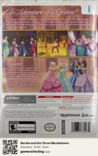 Barbie and the Three Musketeers Nintendo Wii, NTSC box back