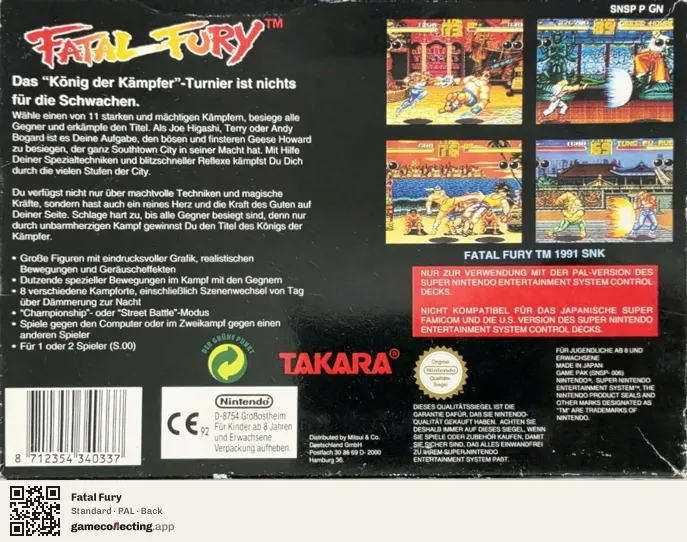 Fatal Fury Super Nintendo Entertainment System, PAL box back