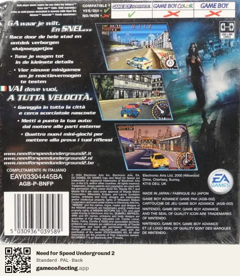 Need for Speed Underground 2 Game Boy Advance, PAL box back