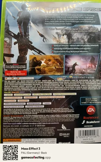 Mass Effect 3 Xbox 360, Germany box back