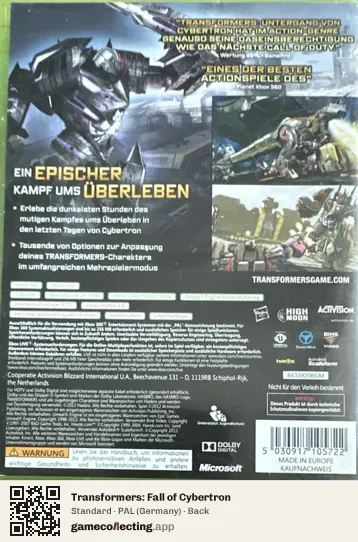 Transformers: Fall of Cybertron Xbox 360, Germany box back