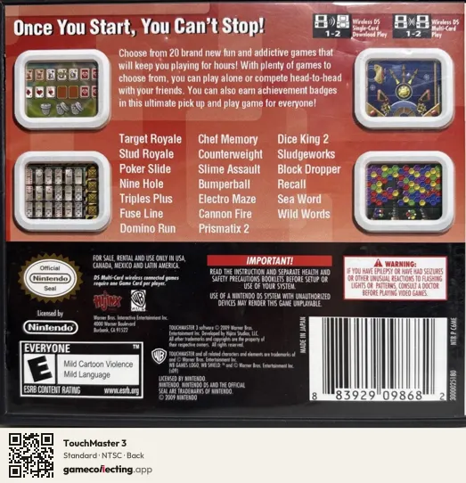 TouchMaster 3 Nintendo DS, NTSC box back