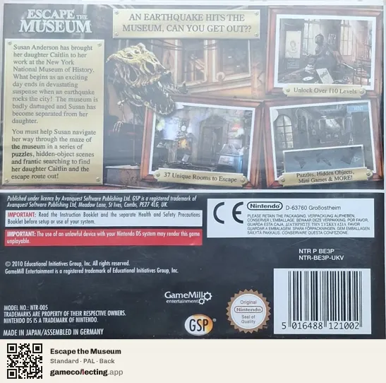 Escape the Museum Nintendo DS, PAL box back