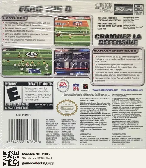 Madden NFL 2005 Game Boy Advance, NTSC box back
