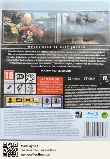 Max Payne 3 PlayStation 3, France box back