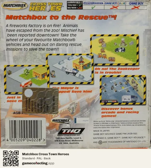 Matchbox Cross Town Heroes Game Boy Advance, PAL box back