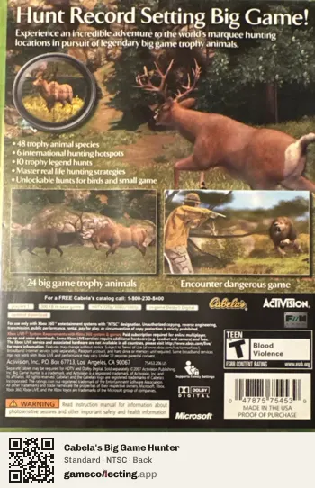 Cabela's Big Game Hunter Xbox 360, NTSC box back
