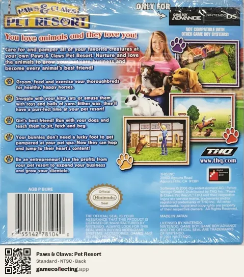 Paws & Claws: Pet Resort Game Boy Advance, NTSC box back