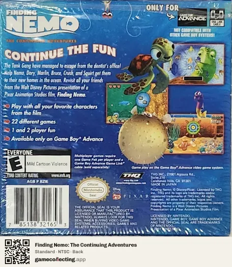Finding Nemo: The Continuing Adventures Game Boy Advance, NTSC box back