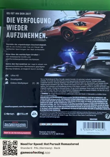 Need for Speed: Hot Pursuit Remastered Xbox One, Germany box back