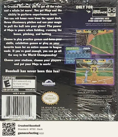 Crushed Baseball Game Boy Advance, NTSC box back