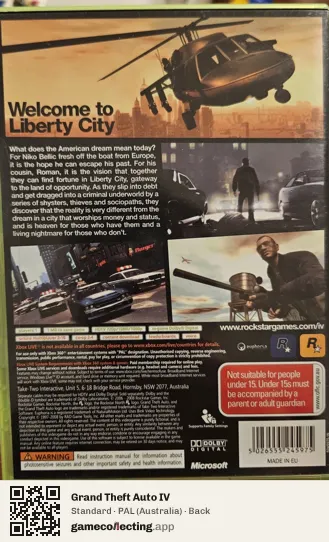 Grand Theft Auto IV Xbox 360, Australia box back