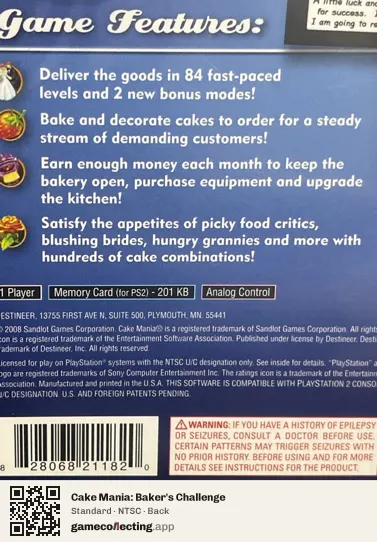 Cake Mania: Baker's Challenge PlayStation 2, NTSC box back