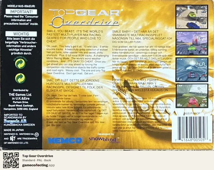 Top Gear Overdrive Nintendo 64, PAL box back
