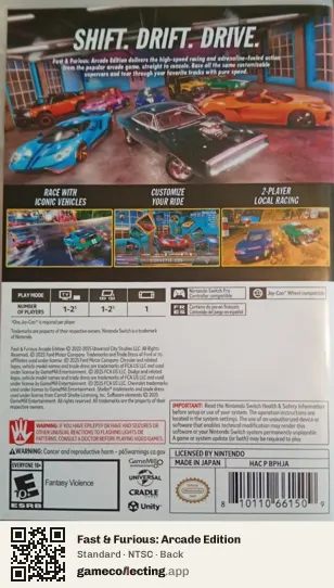 Fast & Furious: Arcade Edition Nintendo Switch, NTSC box back