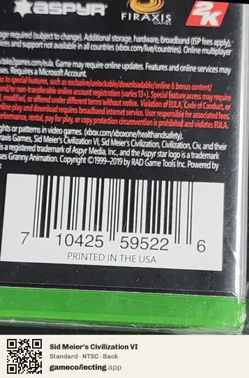 Sid Meier's Civilization VI Xbox One, NTSC box back