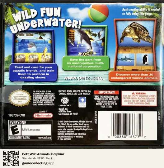Petz Wild Animals: Dolphinz Nintendo DS, NTSC box back