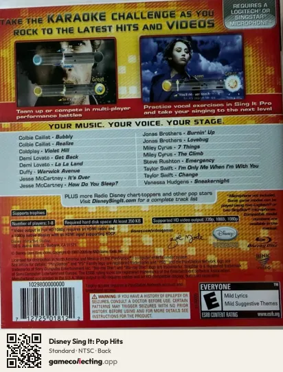 Disney Sing It: Pop Hits PlayStation 3, NTSC box back