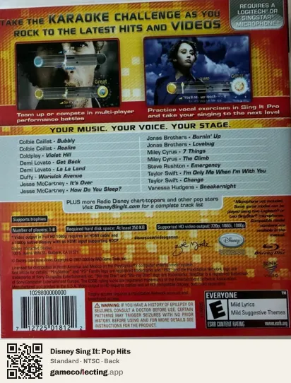 Disney Sing It: Pop Hits PlayStation 3, NTSC box back