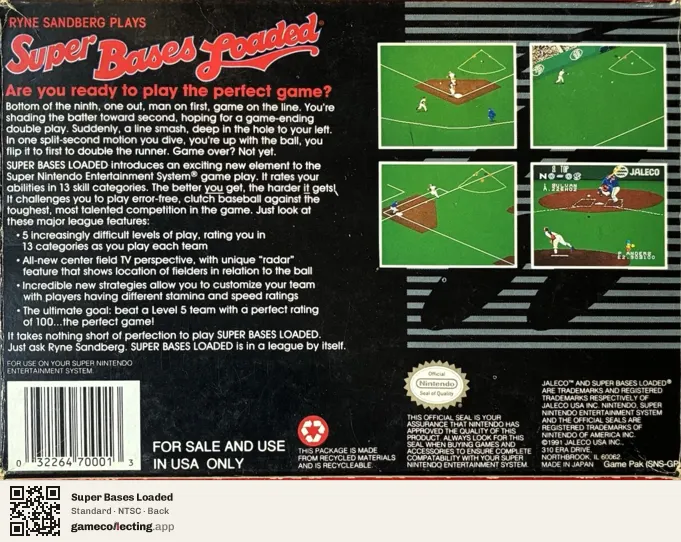 Super Bases Loaded Super Nintendo Entertainment System, NTSC box back