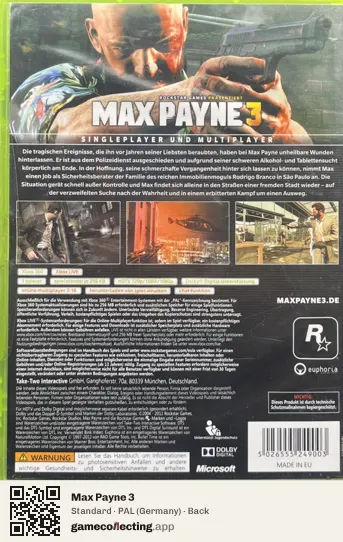 Max Payne 3 Xbox 360, Germany box back