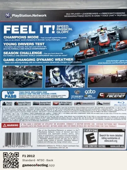 F1 2012 PlayStation 3, NTSC box back