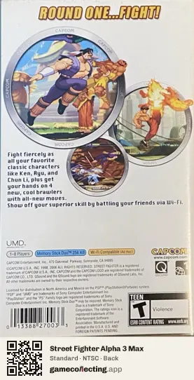Street Fighter Alpha 3 Max PlayStation Portable, NTSC box back