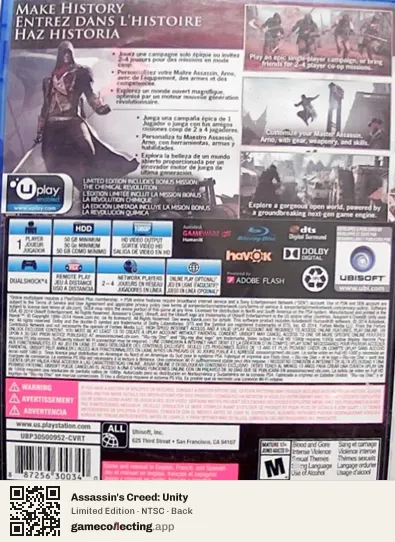 Assassin's Creed: Unity PlayStation 4, NTSC box back