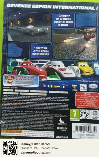 Disney/Pixar Cars 2 Xbox 360, France box back