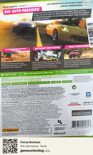 Forza Horizon Xbox 360, Germany box back